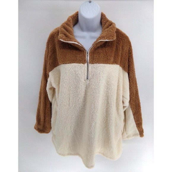 teddy bear jacket women's size MED/LG brown cream 1/4 zip Unberanded - Picture 1 of 5